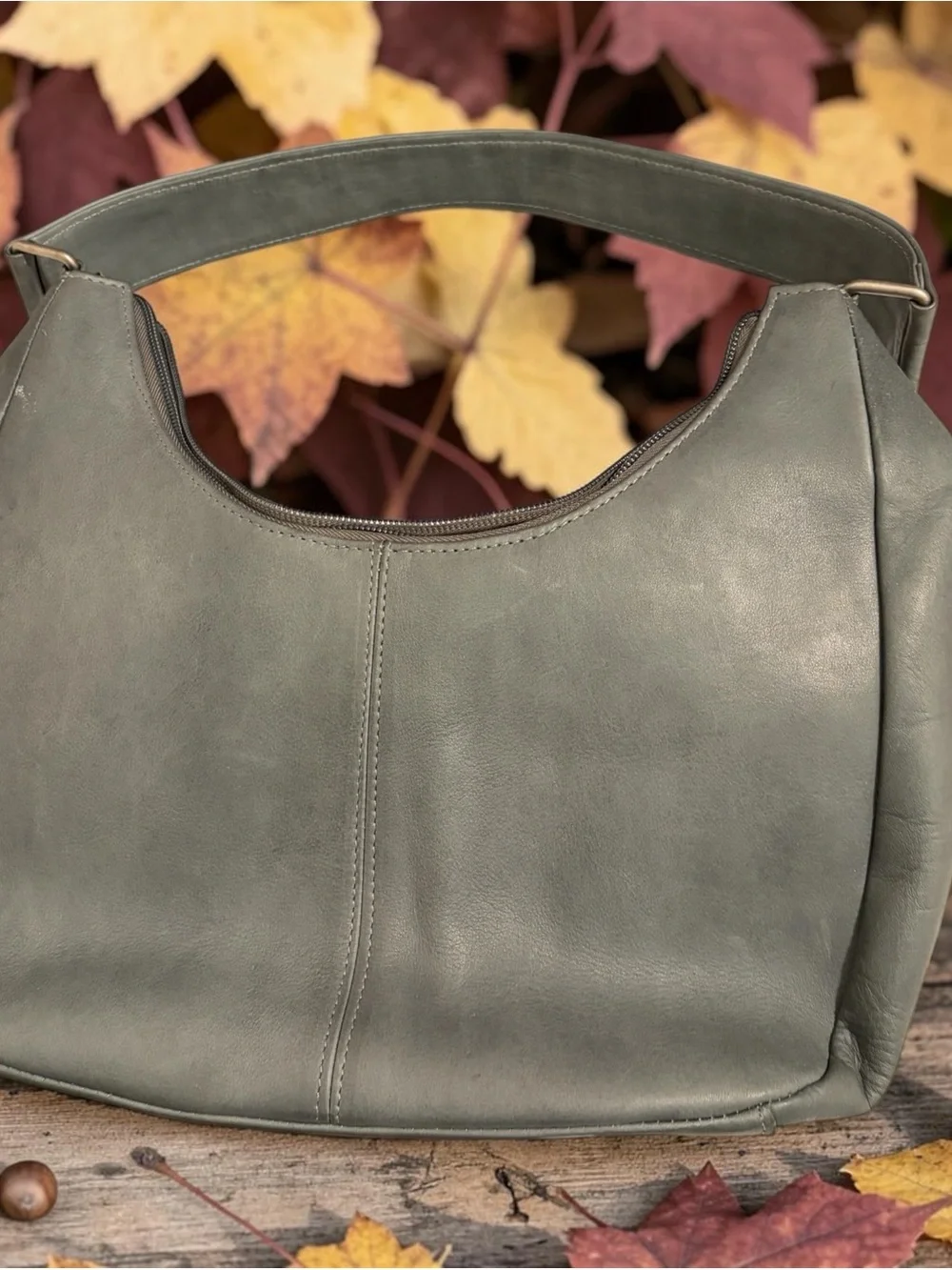 Le Donne Gray Full Grain Leather Classic Hobo Shoulder Bag Minimalist 90s